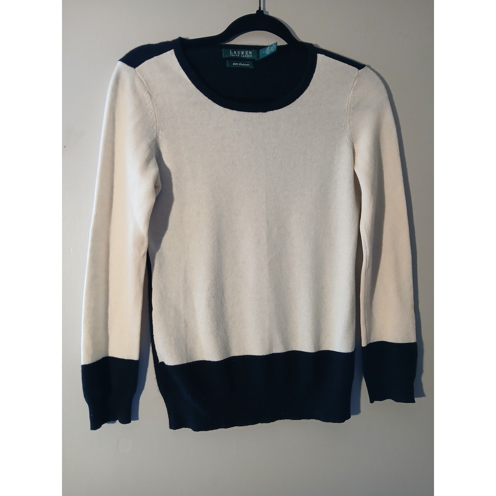 Lauren Ralph Lauren 100 Cashmere Colorblock Sweater‎ Cream Black Size S